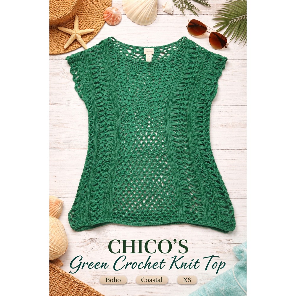 Chico's Green Crochet Knit Top Boho Coastal Open Weave Festival Size 0